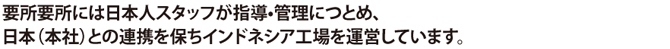 要所要所には日本人スタッフが指導•管理につとめ、日本（本社）との連携を保ちインドネシア工場を運営しています。
